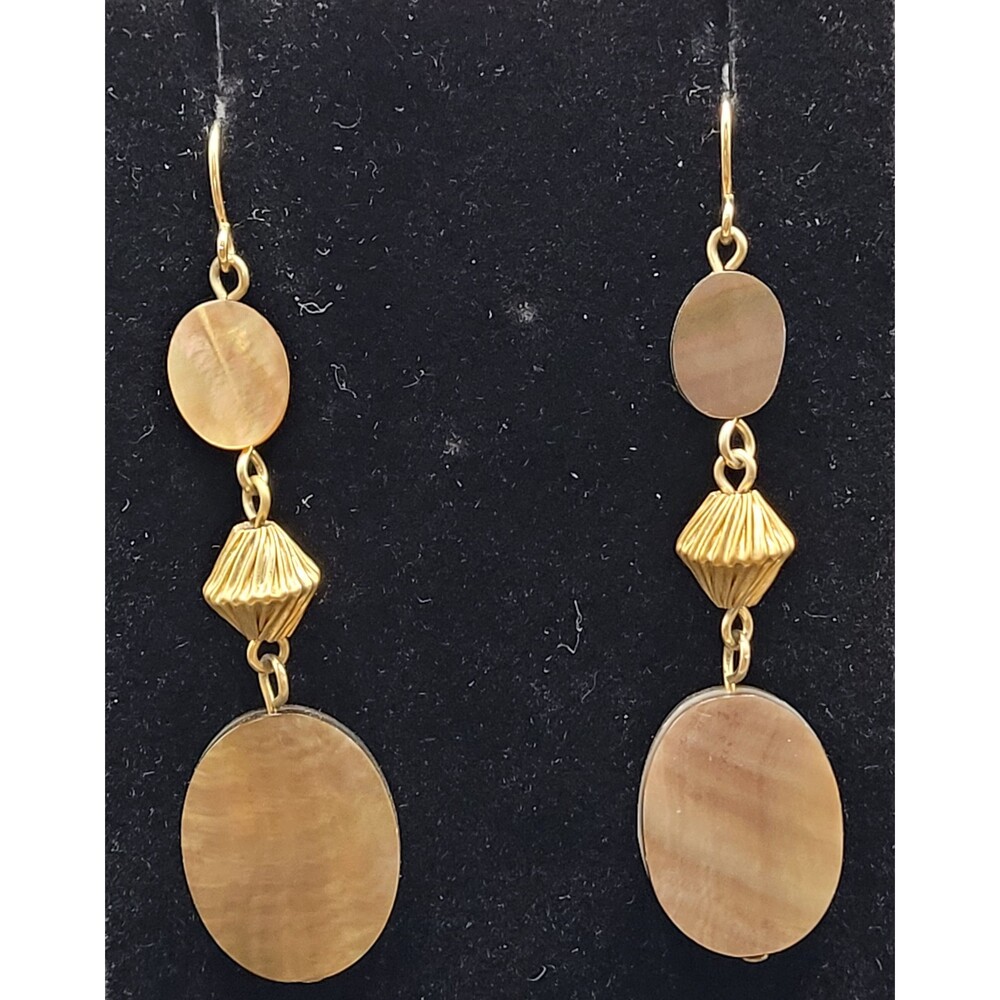 Double Abalone Shell Gold Bead Dangle Drop Earrings